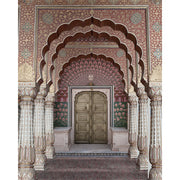 Rajasthani arch doorway blind design in pink, white, brown and green, full view